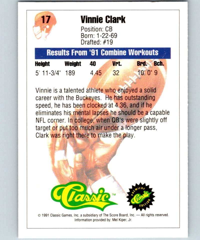 1991 Classic #17 Vinnie Clark NFL Football