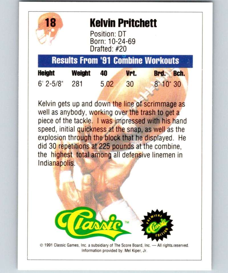 1991 Classic #18 Kelvin Pritchett NFL Football Image 2