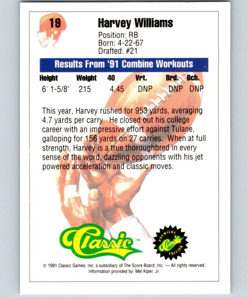 1991 Classic #19 Harvey Williams NFL Football Image 2