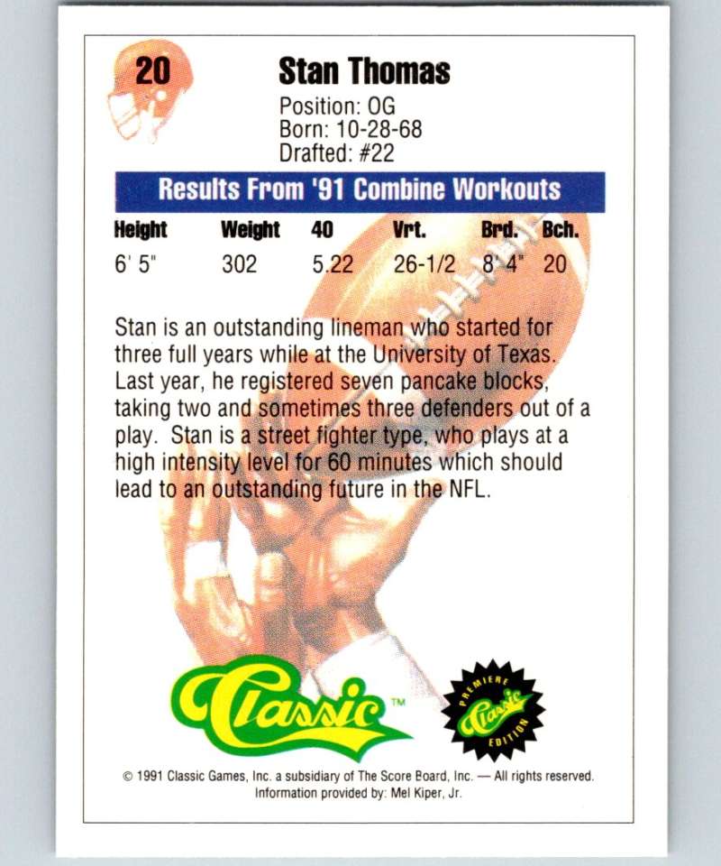 1991 Classic #20 Stan Thomas NFL Football Image 2