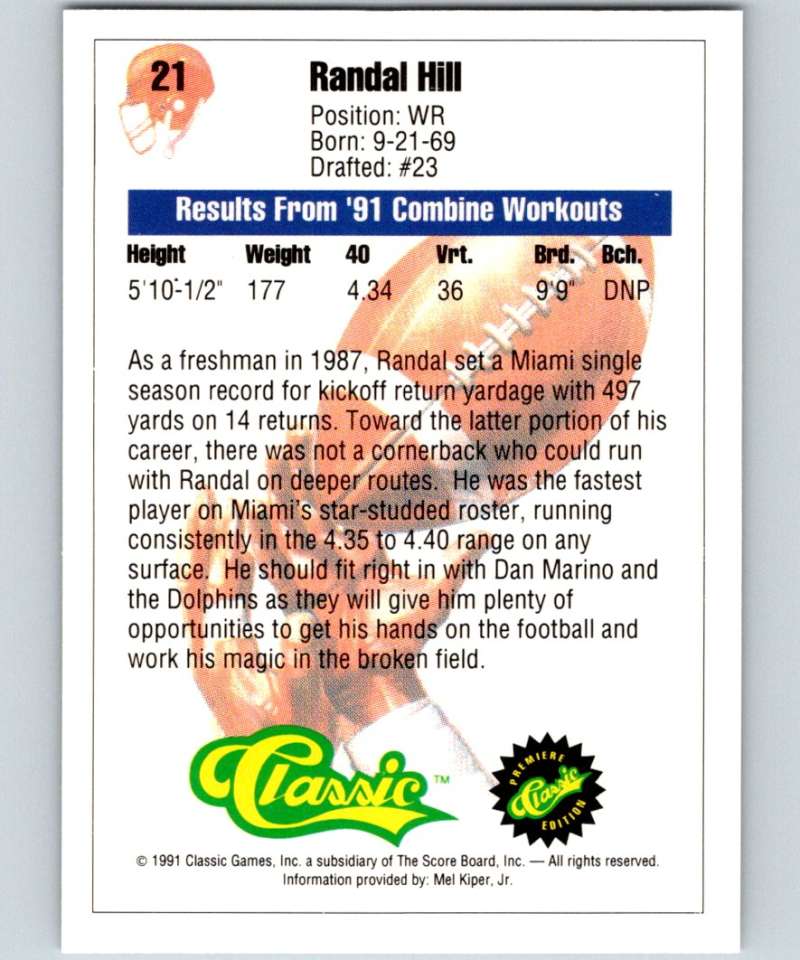 1991 Classic #21 Randal Hill NFL Football Image 2