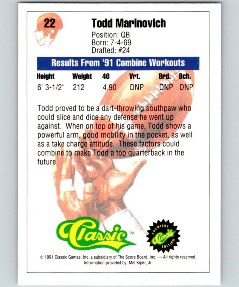 1991 Classic #22 Todd Marinovich NFL Football Image 2