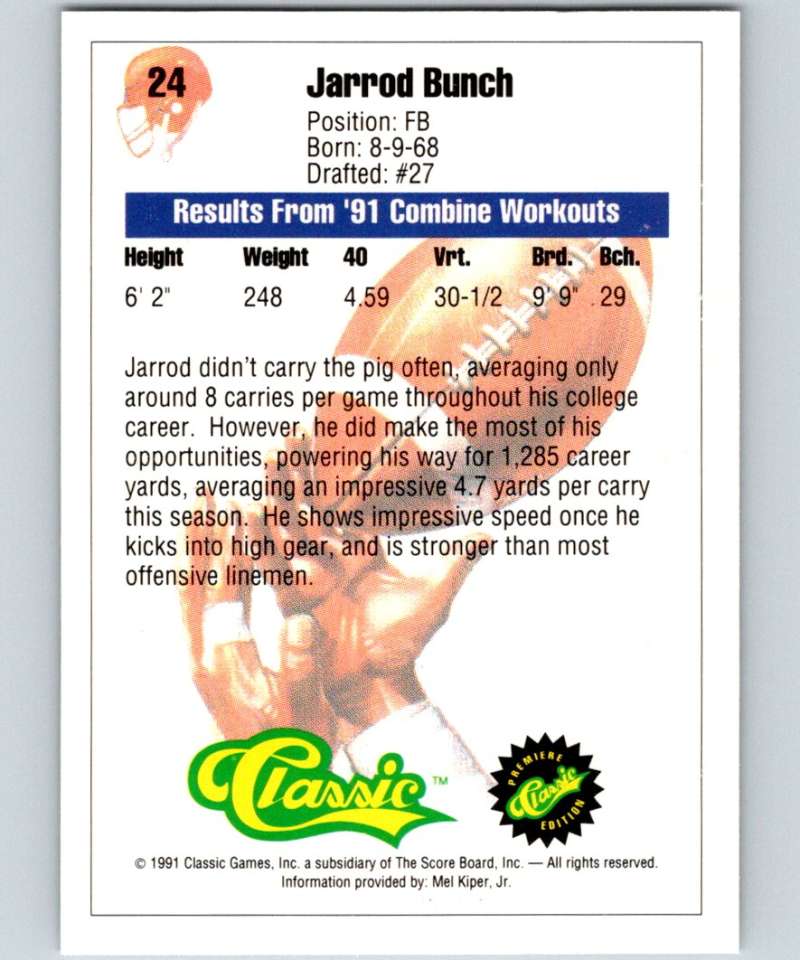 1991 Classic #24 Jarrod Bunch NFL Football Image 2