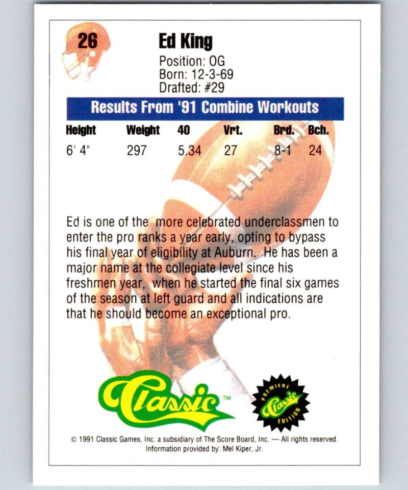 1991 Classic #26 Ed King NFL Football Image 2
