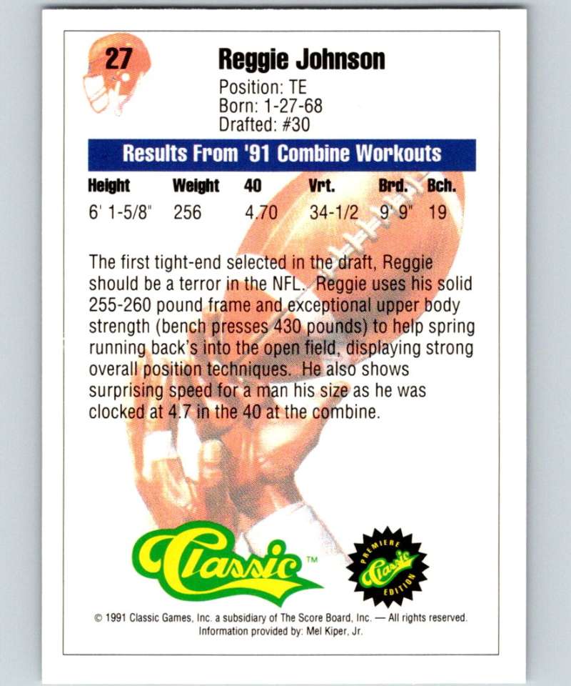 1991 Classic #27 Reggie Johnson NFL Football Image 2