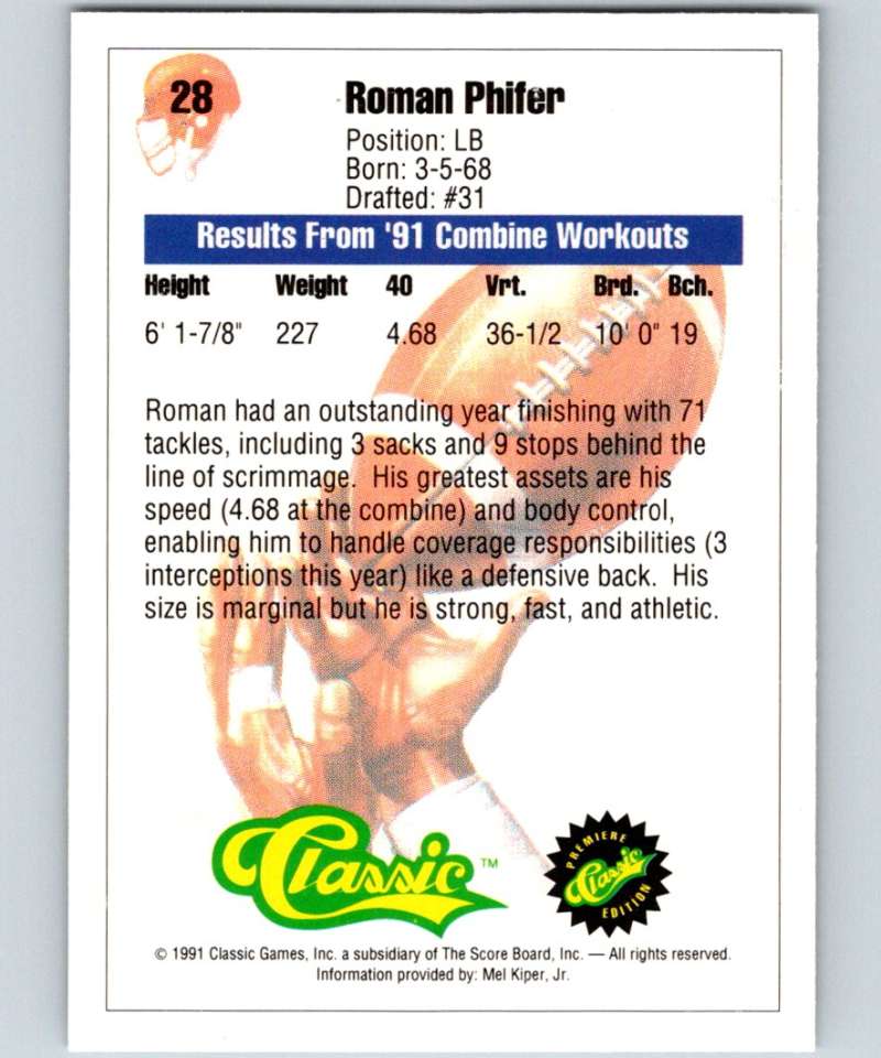 1991 Classic #28 Roman Phifer NFL Football