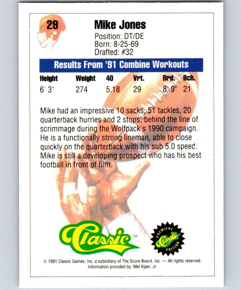 1991 Classic #29 Mike Jones NFL Football Image 2