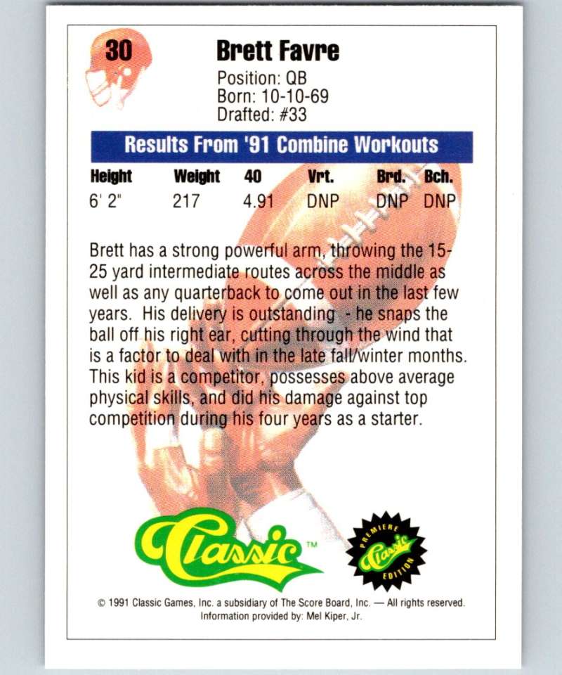 1991 Classic #30 Brett Favre NFL Football
