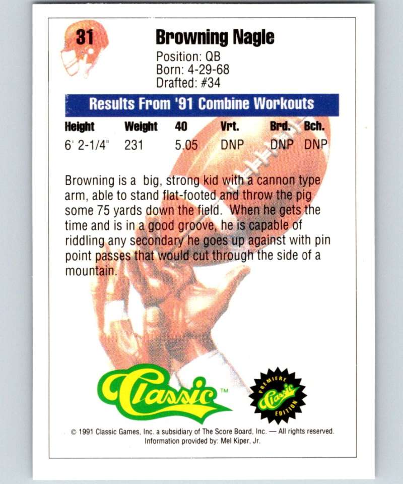 1991 Classic #31 Browning Nagle NFL Football Image 2