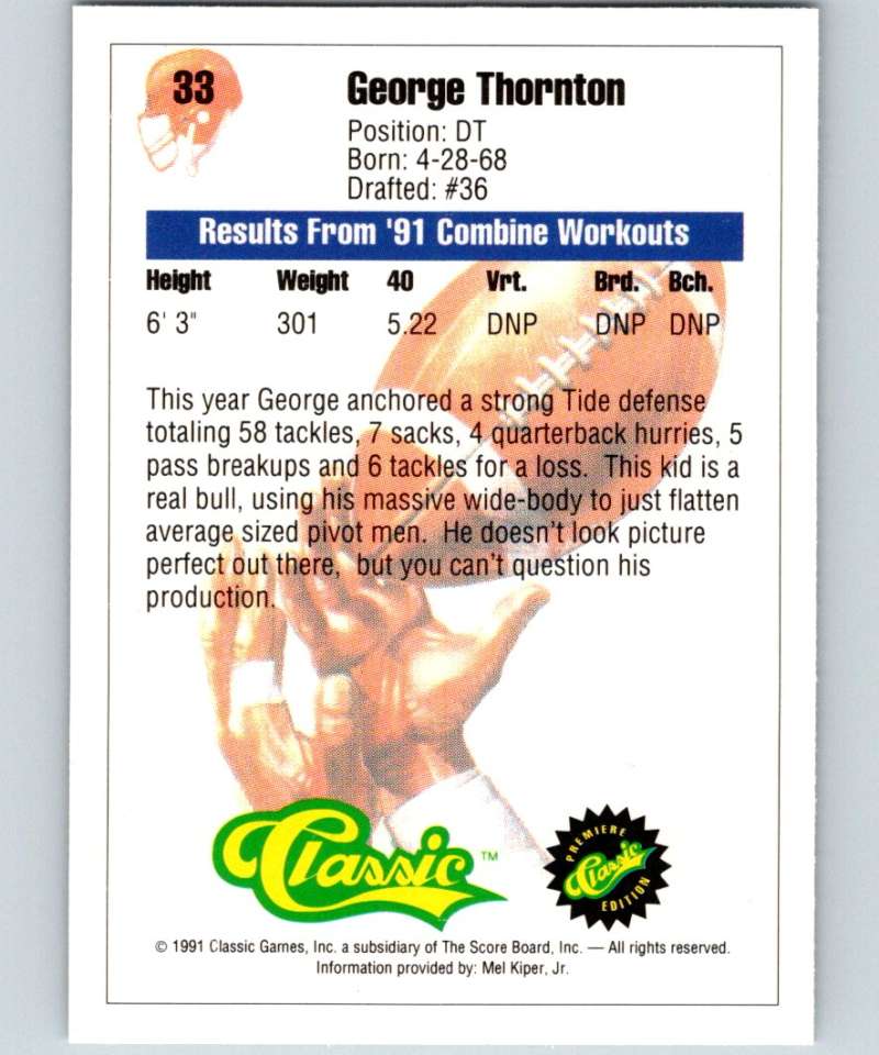 1991 Classic #33 George Thornton NFL Football Image 2