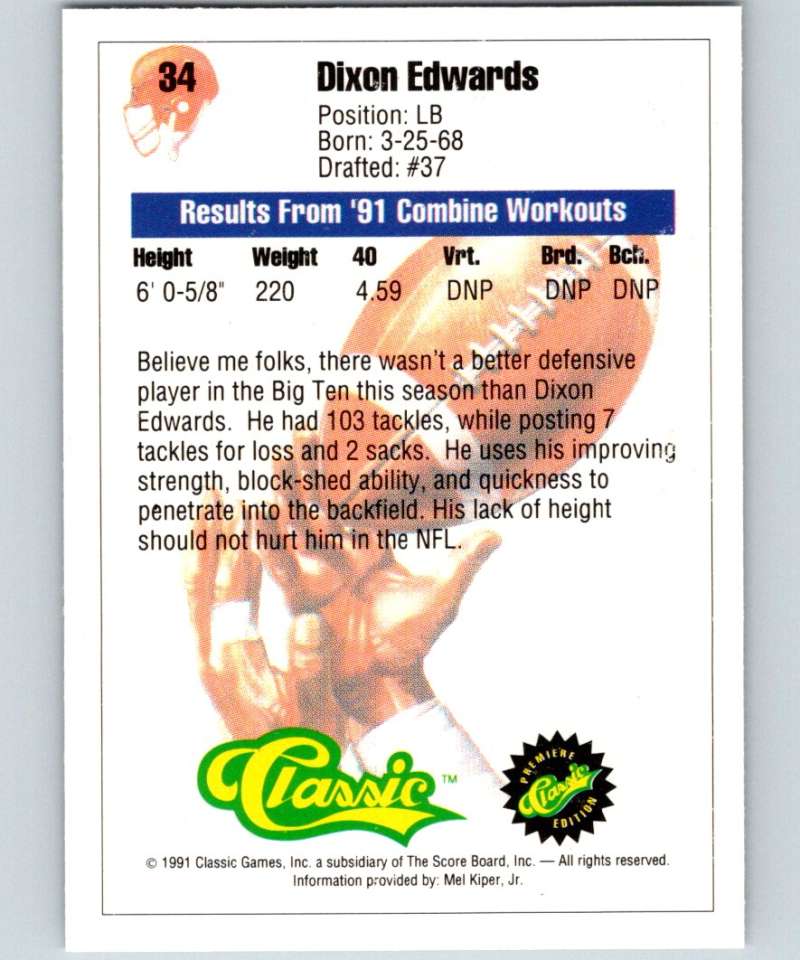 1991 Classic #34 Dixon Edwards NFL Football Image 2