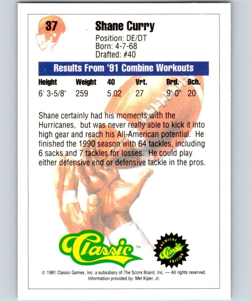 1991 Classic #37 Shane Curry NFL Football Image 2