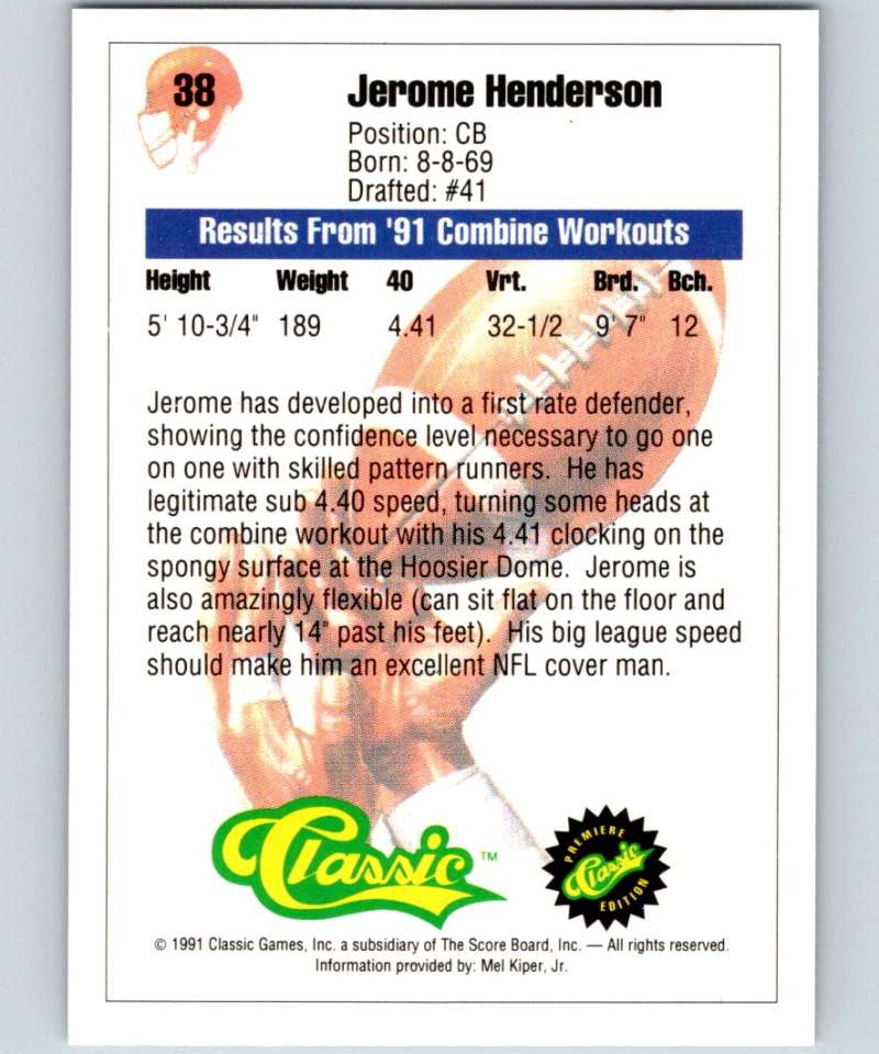 1991 Classic #38 Jerome Henderson NFL Football Image 2