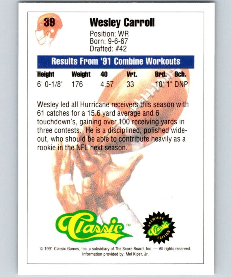 1991 Classic #39 Wesley Carroll NFL Football Image 2