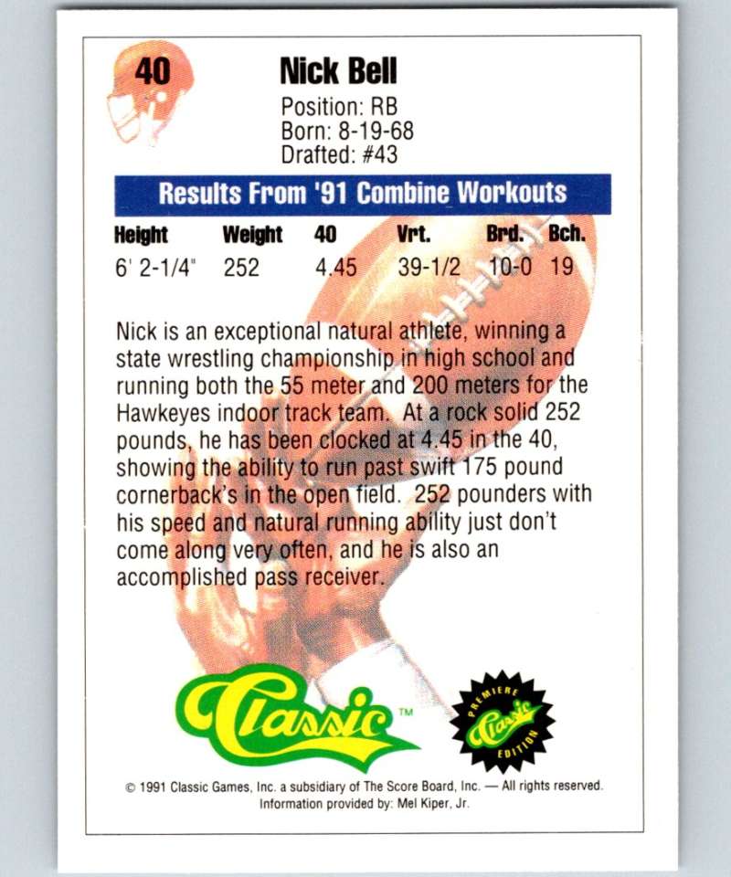 1991 Classic #40 Nick Bell NFL Football Image 2