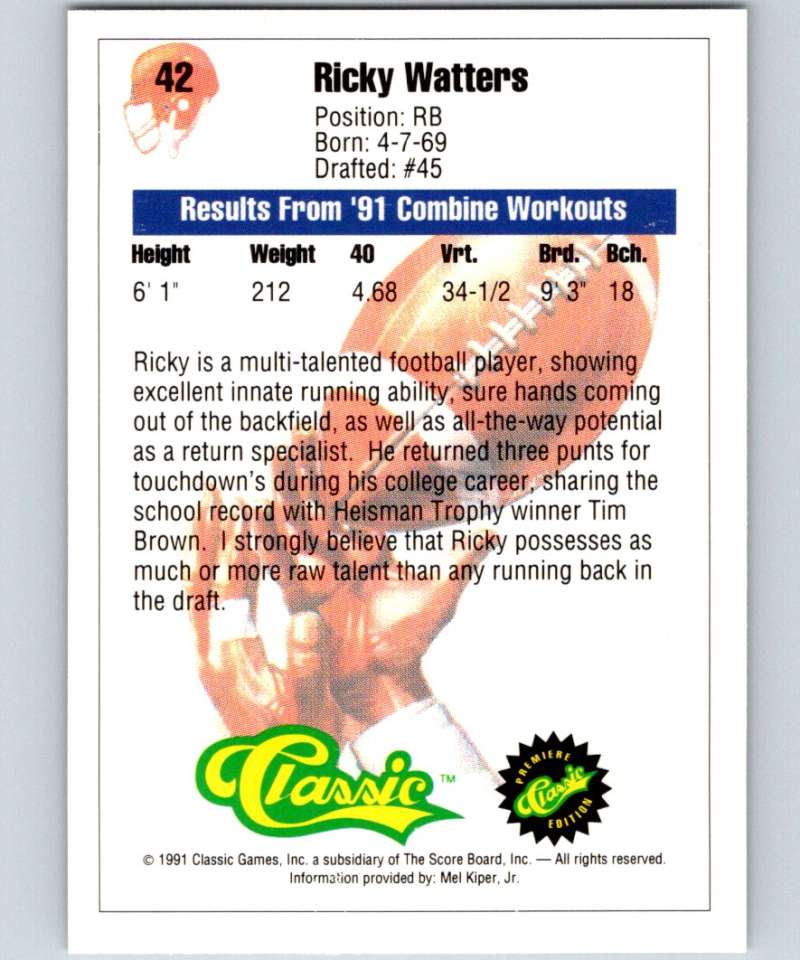 1991 Classic #42 Ricky Watters NFL Football Image 2