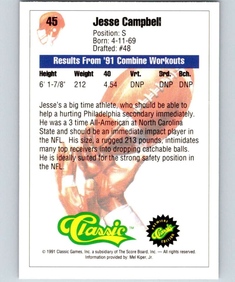 1991 Classic #45 Jesse Campbell NFL Football Image 2