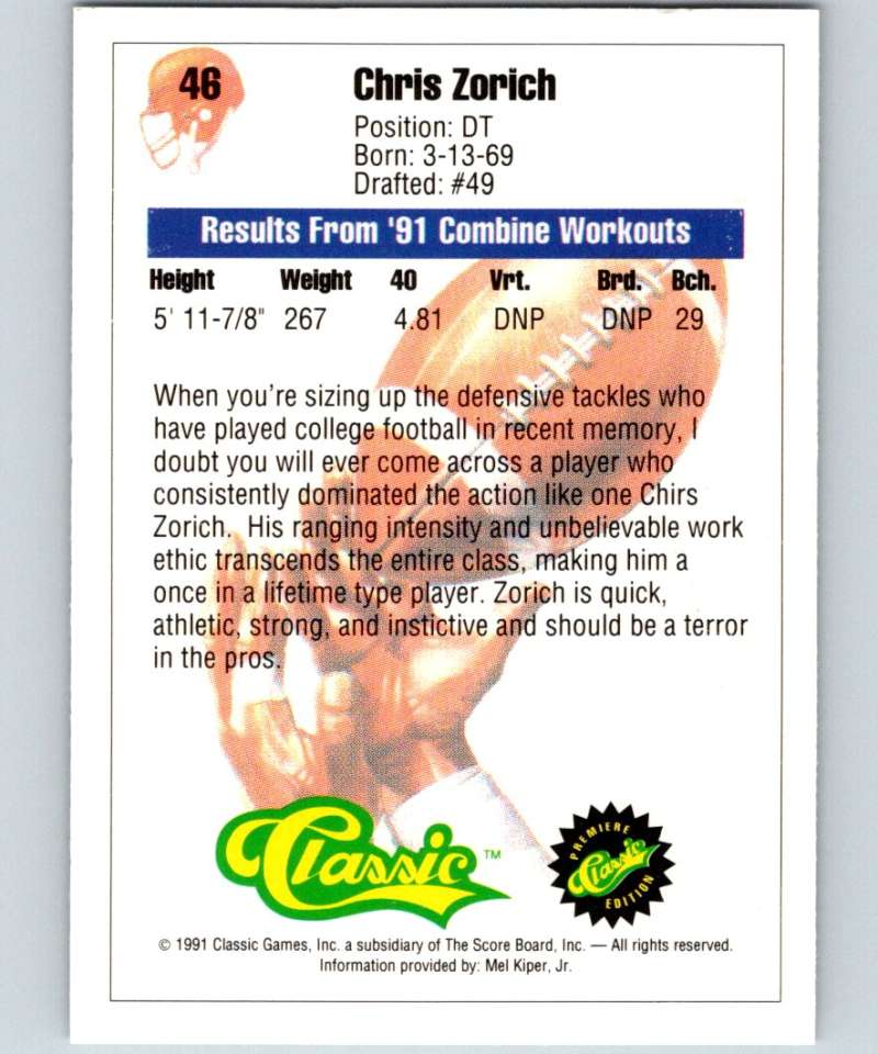 1991 Classic #46 Chris Zorich NFL Football