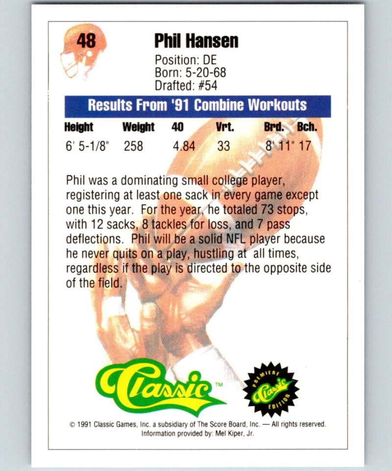 1991 Classic #48 Phil Hansen NFL Football Image 2