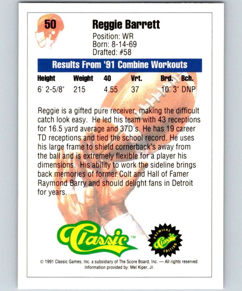 1991 Classic #50 Reggie Barrett NFL Football Image 2
