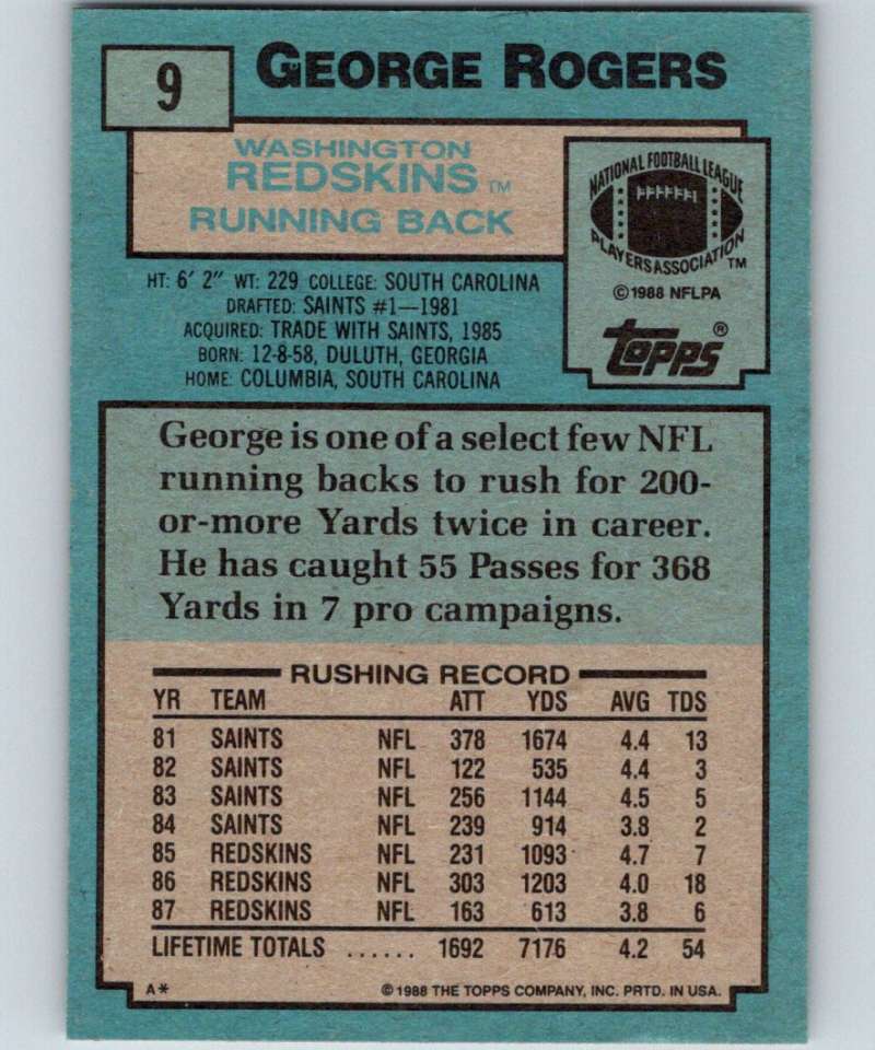 1988 Topps #9 George Rogers Redskins NFL Football Image 2