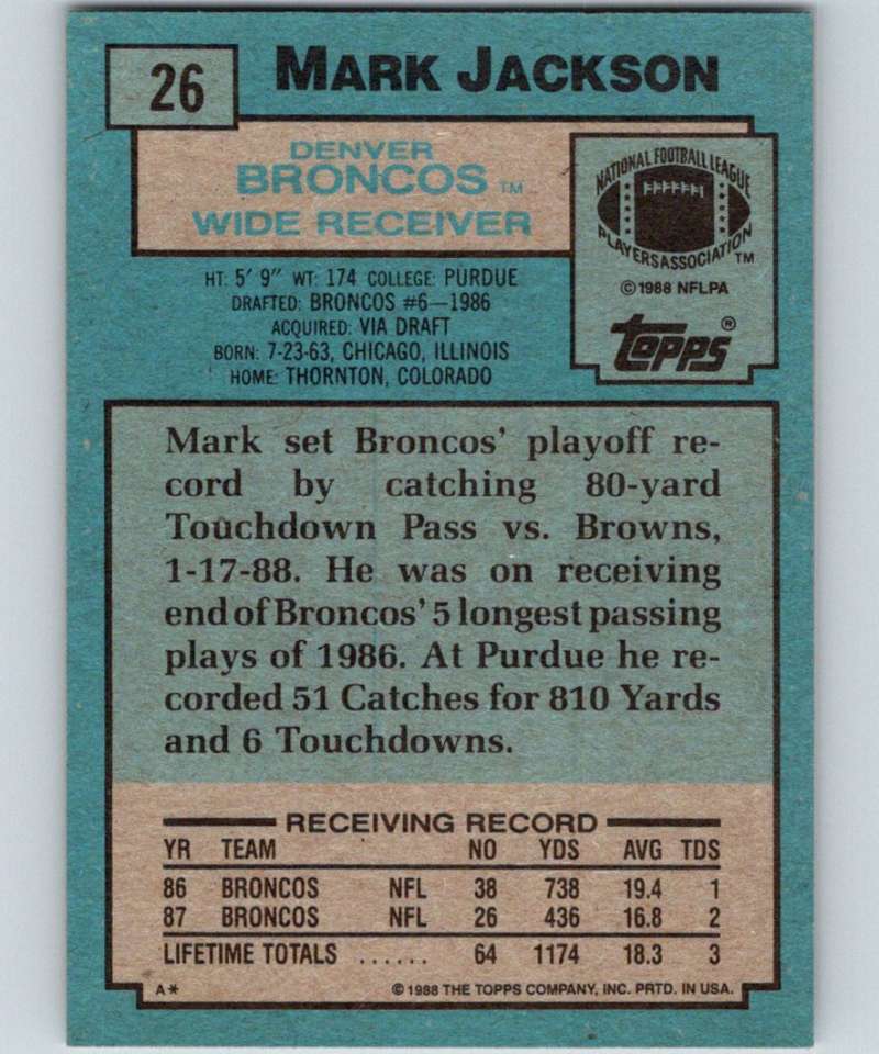 1988 Topps #26 Mark Jackson RC Rookie Broncos NFL Football