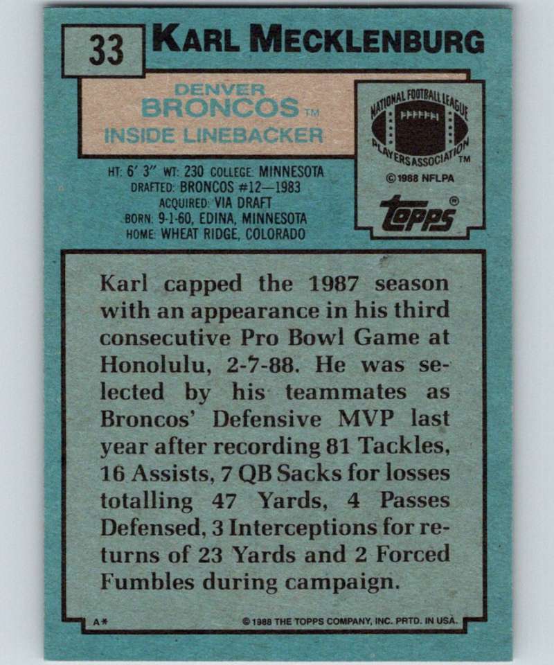 1988 Topps #33 Karl Mecklenburg Broncos NFL Football Image 2