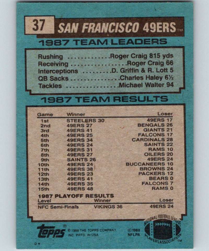1988 Topps #37 Roger Craig 49ers TL NFL Football Image 2