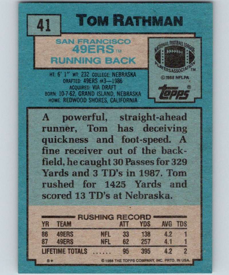 1988 Topps #41 Tom Rathman RC Rookie 49ers NFL Football
