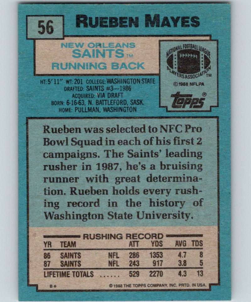 1988 Topps #56 Rueben Mayes Saints NFL Football Image 2