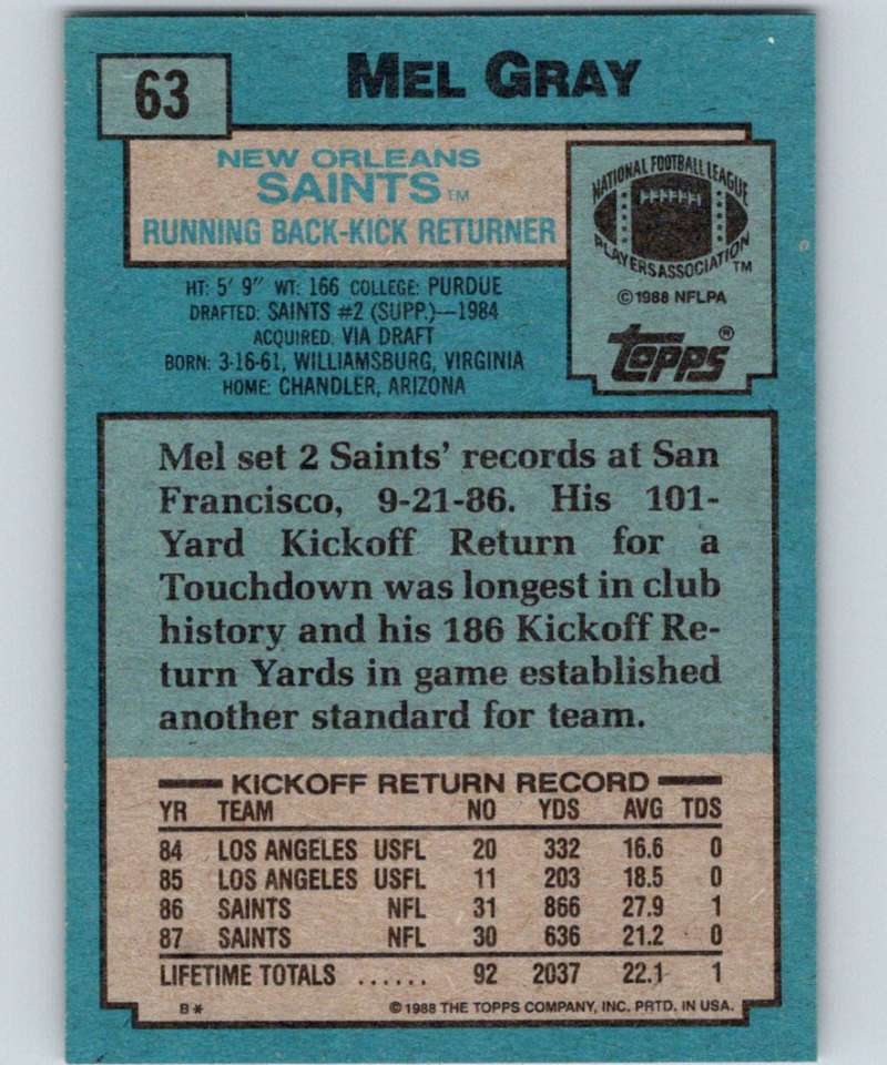 1988 Topps #63 Mel Gray RC Rookie Saints NFL Football Image 2