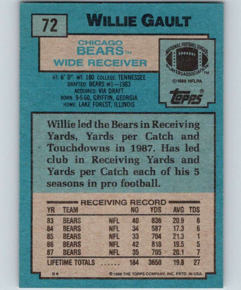 1988 Topps #72 Willie Gault Bears NFL Football Image 2