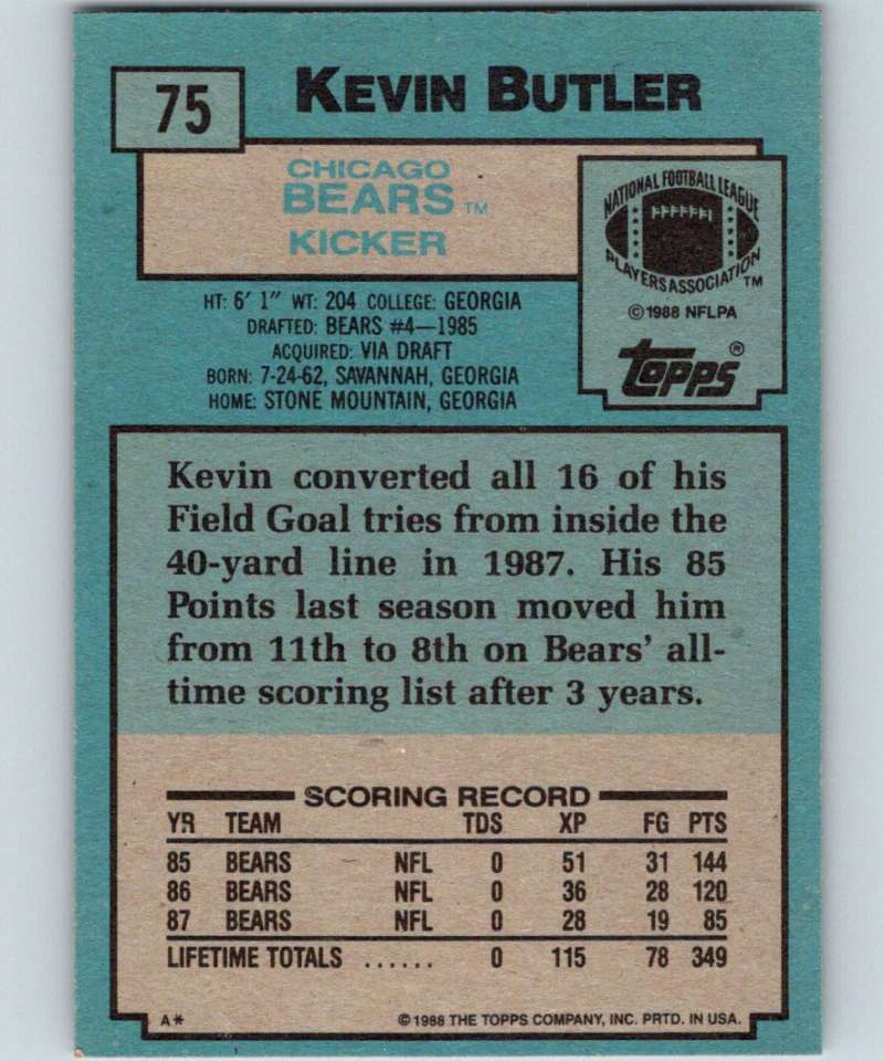 1988 Topps #75 Kevin Butler Bears NFL Football Image 2