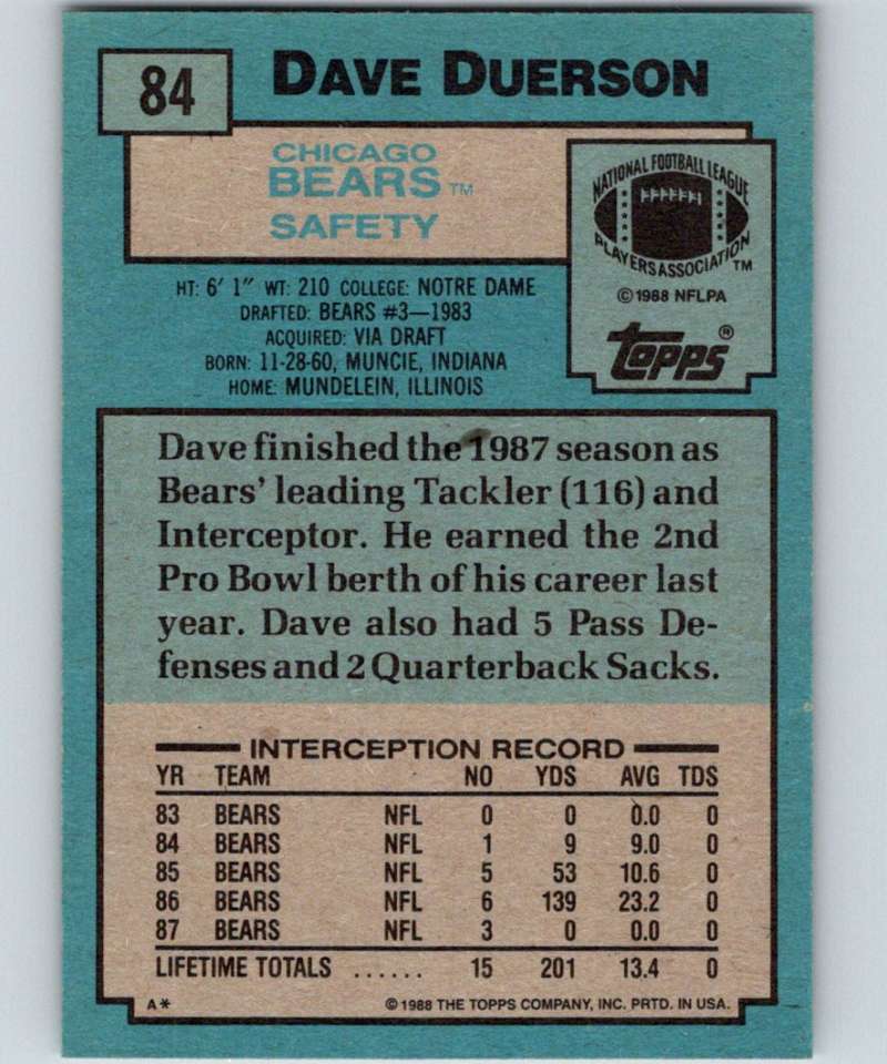 1988 Topps #84 Dave Duerson Bears NFL Football