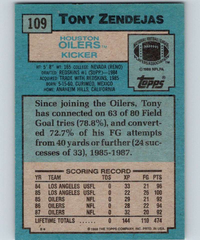 1988 Topps #109 Tony Zendejas RC Rookie Oilers NFL Football Image 2