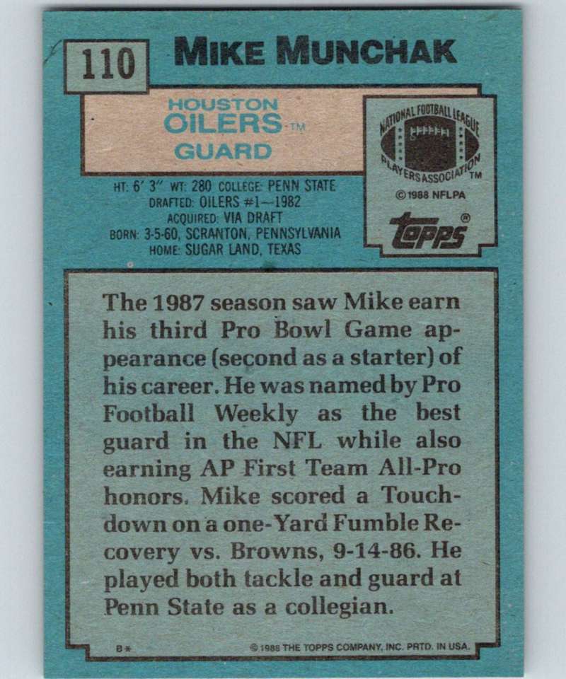 1988 Topps #110 Mike Munchak Oilers NFL Football Image 2