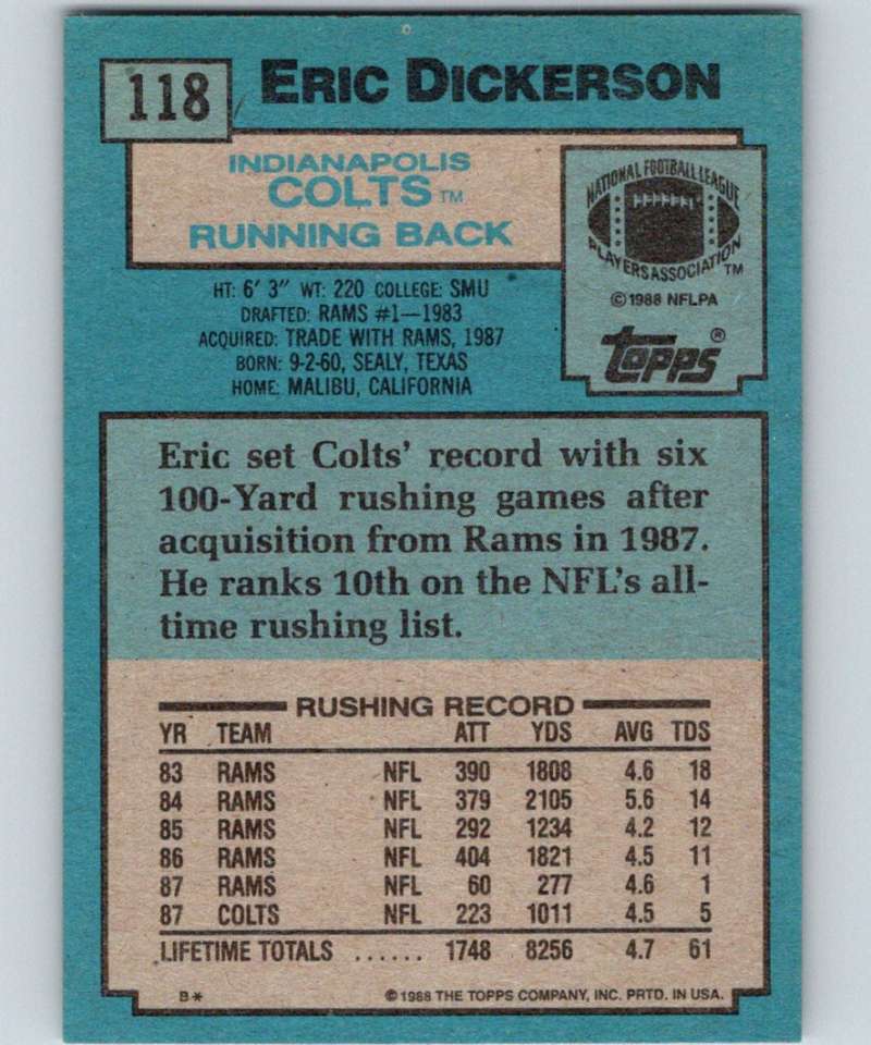 1988 Topps #118 Eric Dickerson Colts NFL Football