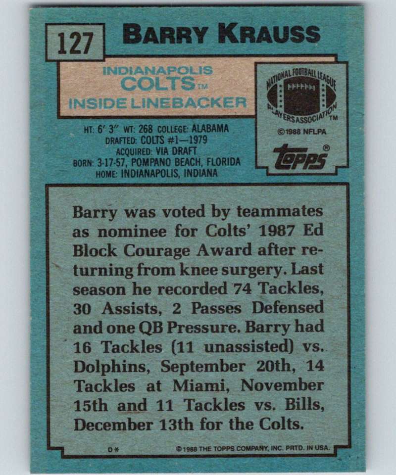 1988 Topps #127 Barry Krauss RC Rookie Colts NFL Football