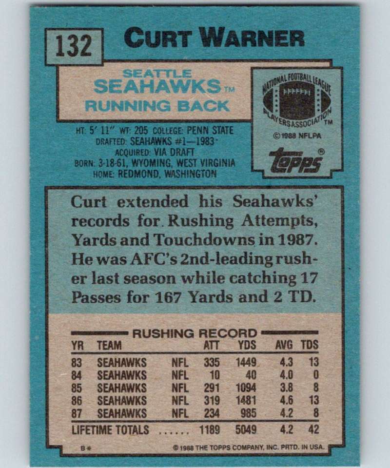 1988 Topps #132 Curt Warner Seahawks NFL Football Image 2