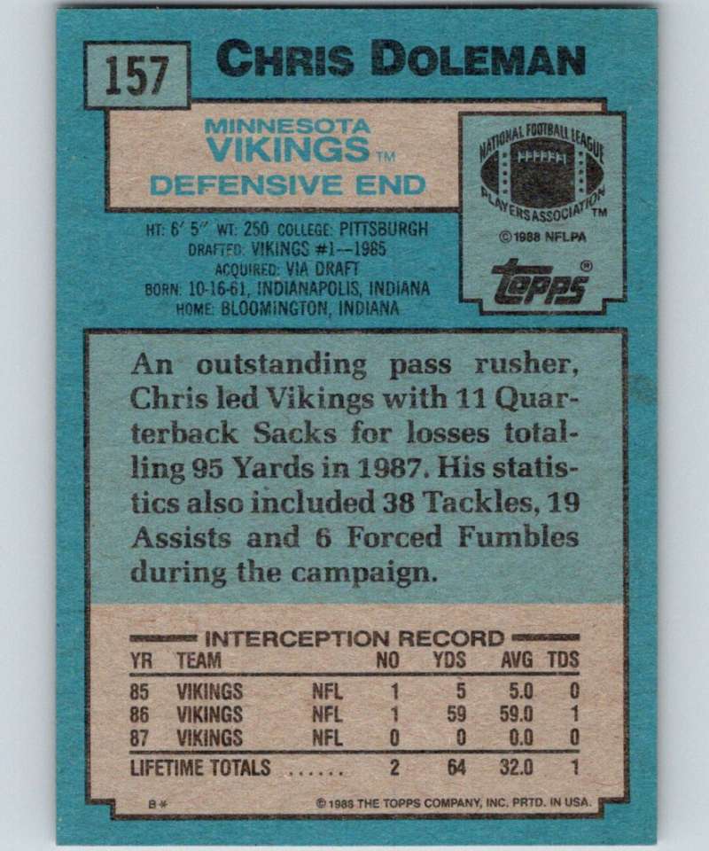 1988 Topps #157 Chris Doleman RC Rookie Vikings NFL Football