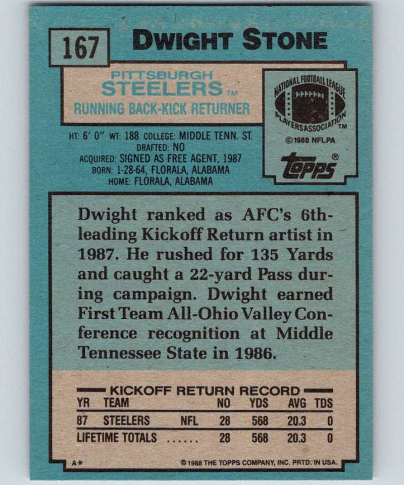 1988 Topps #167 Dwight Stone RC Rookie Steelers NFL Football