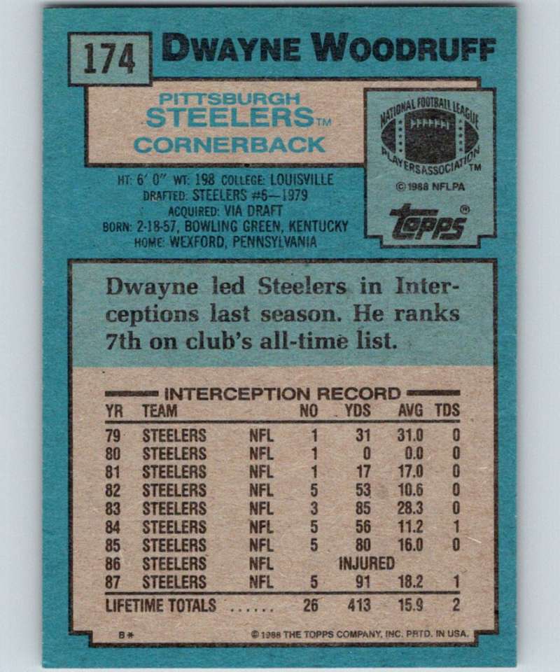 1988 Topps #174 Dwayne Woodruff Steelers NFL Football Image 2