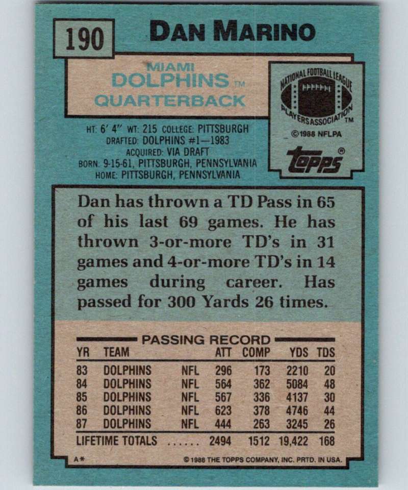 1988 Topps #190 Dan Marino Dolphins NFL Football