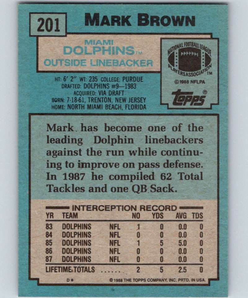 1988 Topps #201 Mark Brown Dolphins NFL Football Image 2