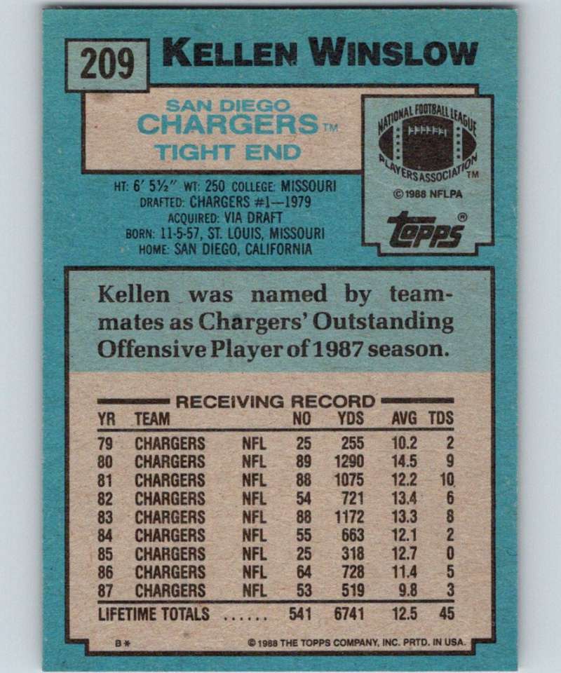 1988 Topps #209 Kellen Winslow Chargers NFL Football