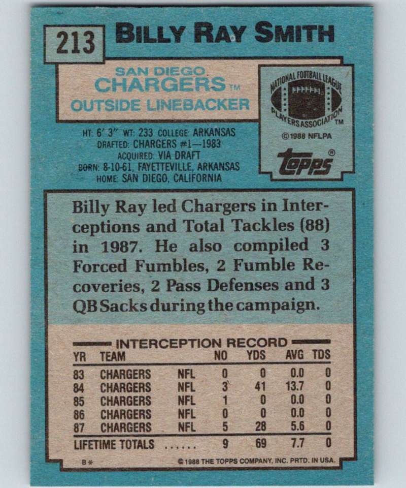 1988 Topps #213 Billy Ray Smith Chargers NFL Football Image 2
