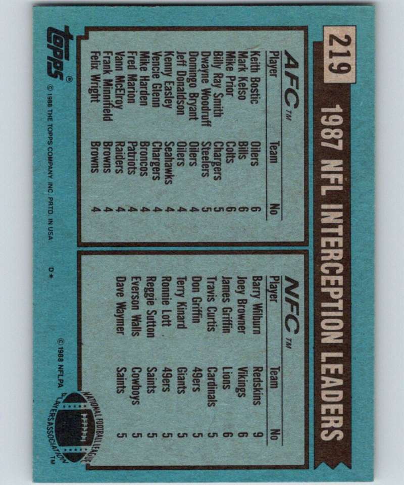 1988 Topps #219 Bostic/Kelso/Prior/ Wilburn Leaders NFL Football Image 2