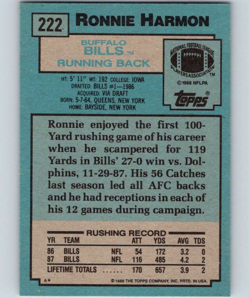 1988 Topps #222 Ronnie Harmon RC Rookie Bills NFL Football Image 2