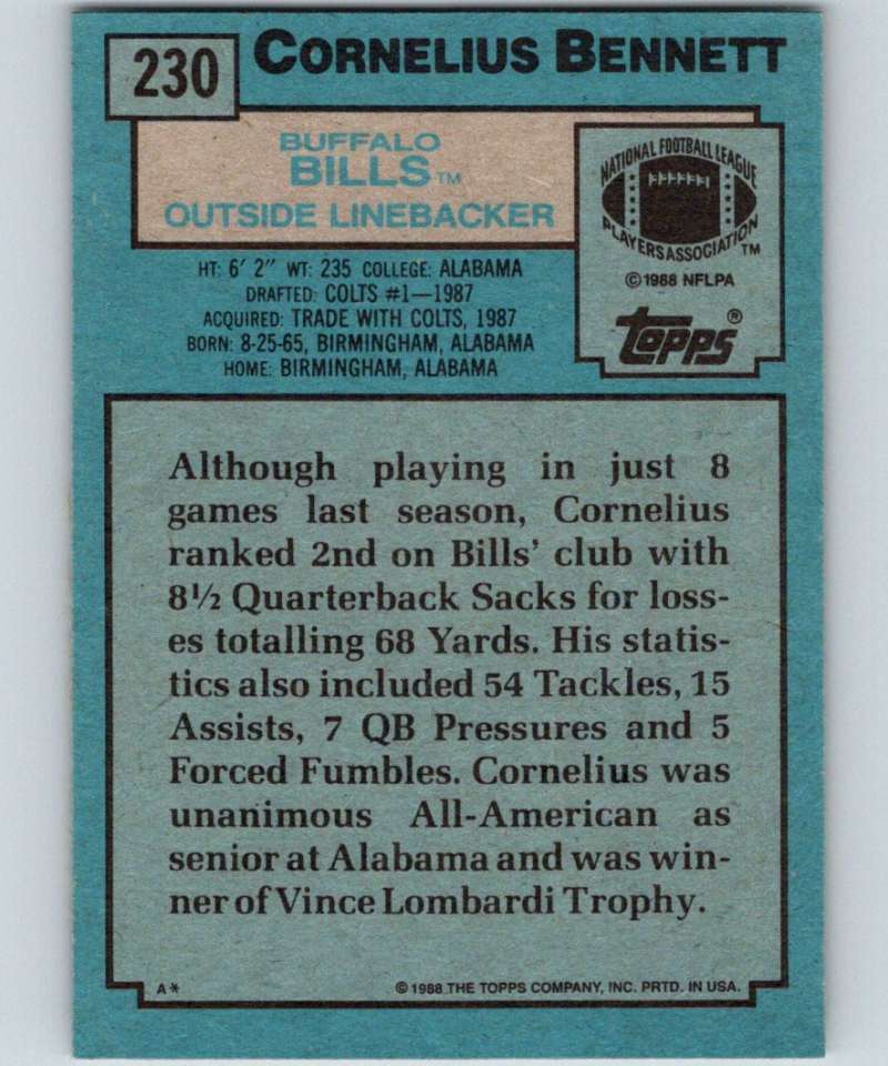 1988 Topps #230 Cornelius Bennett RC Rookie Bills NFL Football Image 2