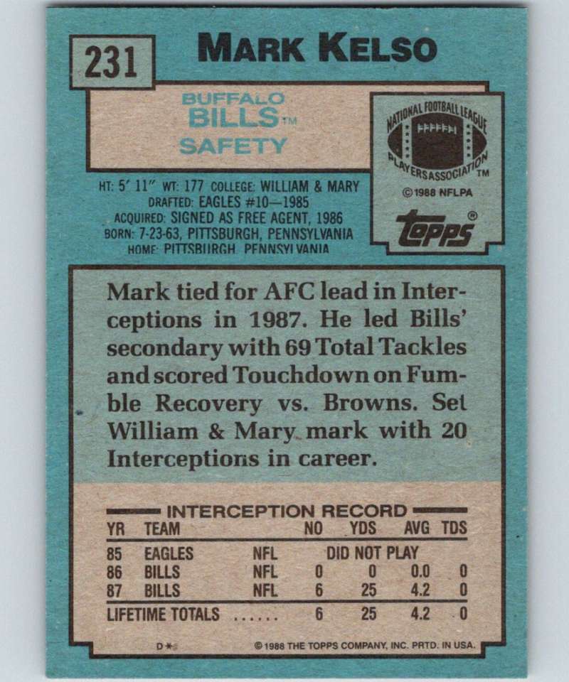 1988 Topps #231 Mark Kelso RC Rookie Bills NFL Football Image 2